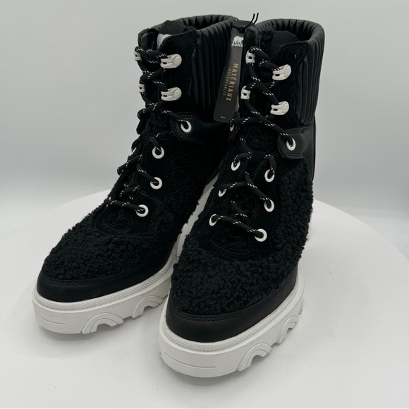 SOREL BREX LEATHER & FAUX SHEARLING BLOCK HEEL LACE UP BOOTIE SIZE 9 CLR BLK NWT - Picture 1 of 9
